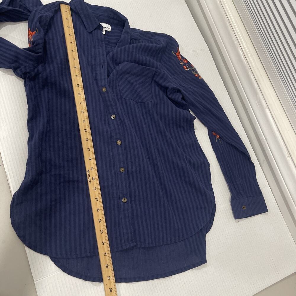 Sonoma Women L Embroidered Button Up Shirt Collared Cotton Gauzy Top Blue Tunic - Picture 8 of 10